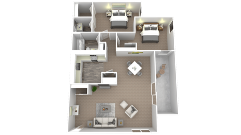 Floor plan for 2 beds, 1.5 baths, 916 sqft